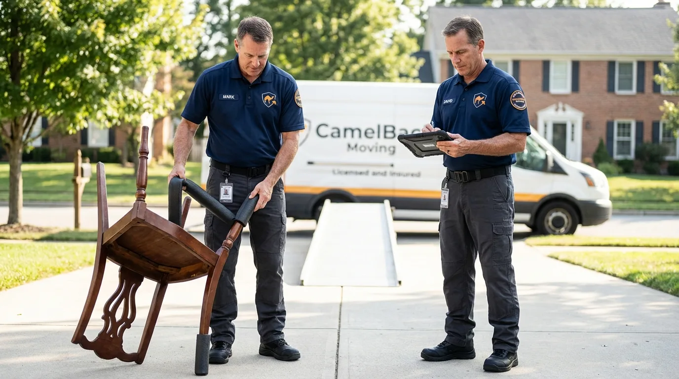 Movers inspecting furniture for damage prevention before loading in Valparaiso, FL