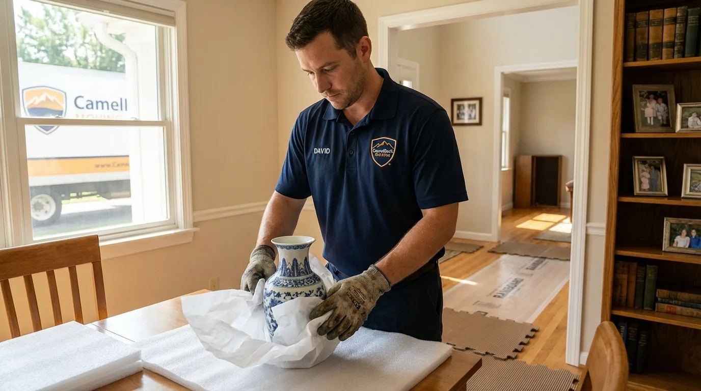 Professional crew carefully wrapping antique vase for senior downsizing move in Valparaiso, FL